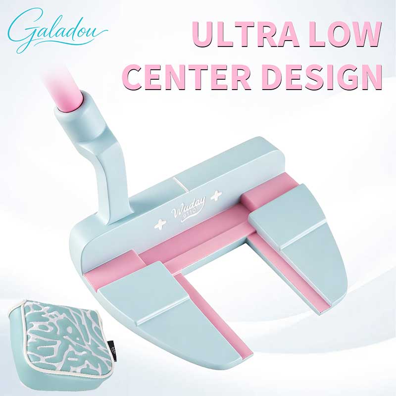 Golf Equipment For Beginners - พัตเตอร์กอล์ฟสีน้ำเงินและสีชมพูพร้อมปลอกพัตเตอร์สีน้ำเงิน ใช้ได้ทั้งมือซ้ายและมือขวา โดดเด่นด้วยดีไซน์สีชมพูสวยงาม โครงสร้างเปิดสำหรับการเล็งเป้าอย่างแม่นยำ และด้ามจับที่มีพื้นผิวกันลื่นเพื่อเพิ่มความรู้สึกในการจับ เหมาะสำหรับนักกอล์ฟหญิง